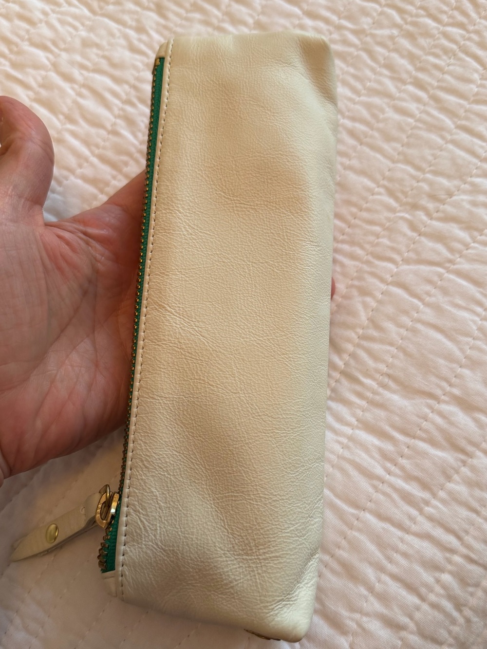 Blair Ritchey white leather pencil case with green trim